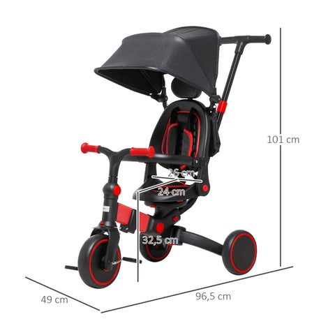 Rootz 3-in-1 Children's Tricycle - Tricycle - Balance Bike - Push Handle - Rotating Seat - Three-point Belt - Aluminum Frame - Red - 96.5L x 49W x 101H cm