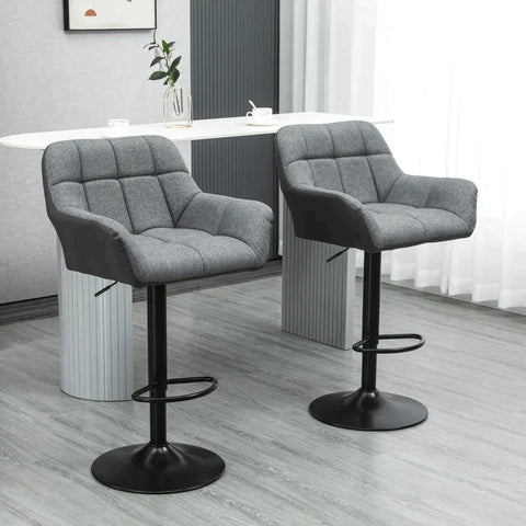 Rootz Bar Stool - Set Of 2 Bar Stool - Retro Design - Height Adjustable - Imitation Leather - Linen Look - Grey + Black - 57.5L x 52.5W x 93-114H cm