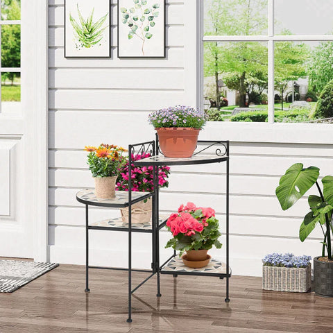 Rootz Bloemenstandaard - Plantenplank - Plantenplank - 4-Tier Bloementrap - Opvouwbaar - Tuin Balkon - Metalen Keramische Tegels - Zwart/Beige - 64 x 64 x 72 cm