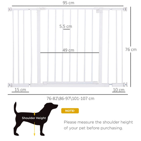 Rootz Pet Safety Gate - Door Gate - Stair Gate - Dog Barrier Gate - Protective Door - Metal - White - 76-107 x 76 cm