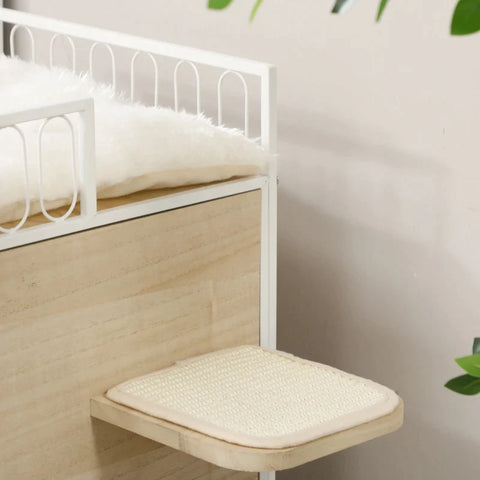 Rootz Cat House - 2 Caves - 2 Platforms - 1 Cat Bed - Washable Cushions - Scratching Mats - Mdf And Steel - Natural + White - 40L x 40W x 84H cm