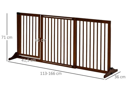 Rootz Barrier – Hundebarriere – Hundetürgitter – Sicherheitsgitter aus Holz – Freistehendes Hundegitter mit Tür – Konfigurationstor – Braun – 113–166 x 36 x 71 cm