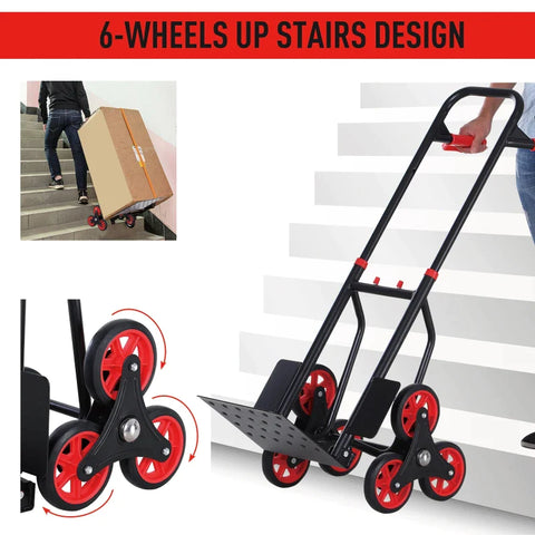 Rootz Steel Climbing Stairs Trolley - Steel Trolley - Hand Trucks - 6-wheeled Trolley - Foldable Hand Truck - Load Carrying Hand Truck  - Black & Red - 120kg