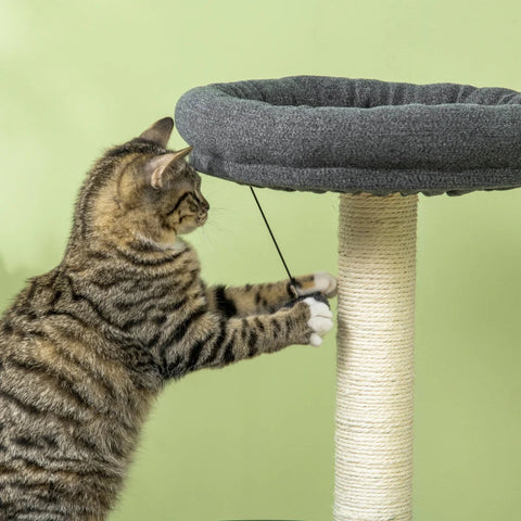 Rootz Scratching Post - Cat House - Litter Box - With Lying Cushion - 2 Platforms - Toy Ball - Dark Grey - 49 x 46 x 131.5cm