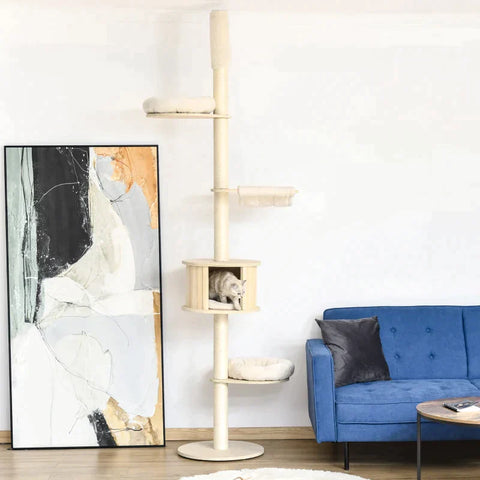 Rootz Krabpaal - Krabpaal - Klimboom voor hoog plafond - Houten kattengrot - Sisal pluche - In hoogte verstelbaar - Crème - 50 x 50 x 232-252 cm