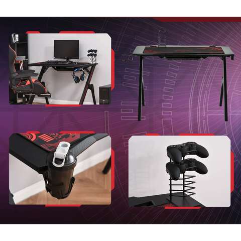 Rootz Dermopolis Desk - Gaming Desk - Game - Cup Holder - Anti-Slip Headphone Holder - Controller Holder - Cable Management - Black - Red - MDF
