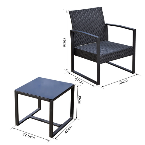 Rootz Garden Set - Seating Group - 2 Chairs - 1 Table - 3-part - Cushions - Polyrattan - Black