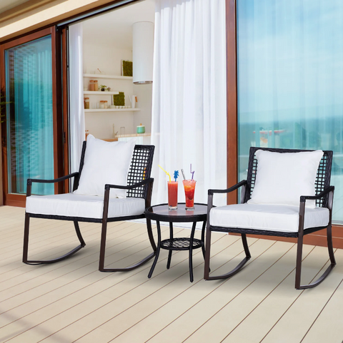 Rootz Garden Set - Rocking Chairs - Garden Table - 2 Chairs - 1 Table - Cushions - Tempered Glass - Steel - Polyester - Brown - Cream