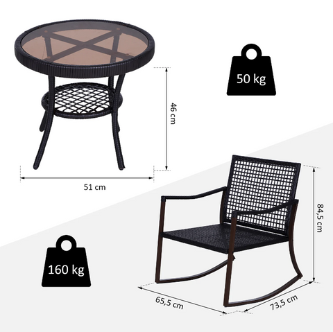 Rootz Garden Set - Rocking Chairs - Garden Table - 2 Chairs - 1 Table - Cushions - Tempered Glass - Steel - Polyester - Brown - Cream