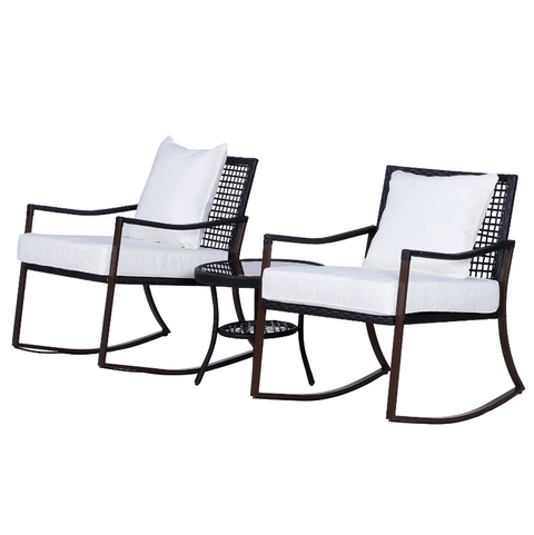 Rootz Garden Set - Rocking Chairs - Garden Table - 2 Chairs - 1 Table - Cushions - Tempered Glass - Steel - Polyester - Brown - Cream