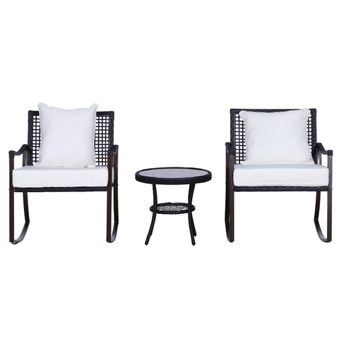 Rootz Garden Set - Rocking Chairs - Garden Table - 2 Chairs - 1 Table - Cushions - Tempered Glass - Steel - Polyester - Brown - Cream