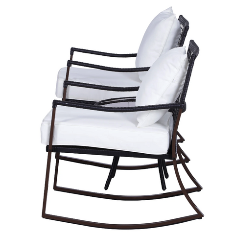 Rootz Garden Set - Rocking Chairs - Garden Table - 2 Chairs - 1 Table - Cushions - Tempered Glass - Steel - Polyester - Brown - Cream