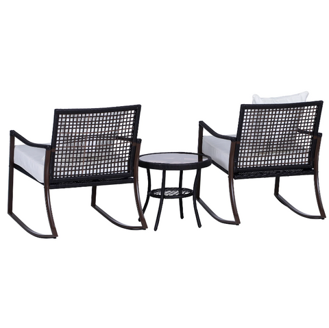 Rootz Garden Set - Rocking Chairs - Garden Table - 2 Chairs - 1 Table - Cushions - Tempered Glass - Steel - Polyester - Brown - Cream