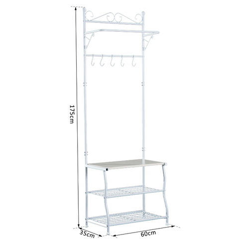 Rootz Wardrobe Rack - Clothes Rack - Coat Rack - Shoe Rack - 3 Levels - Hooks - Corridor - Steel - White - 60 x 35 x 175 cm