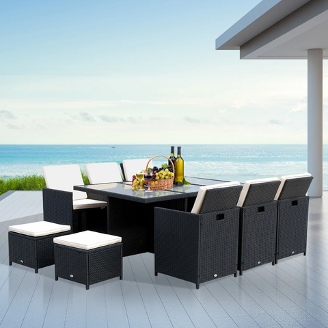 Rootz Garden Set - 6 Garden Chairs 1 Garden Table - 4 Stools - 27-Piece - Black - Cushions - Tempered Glass - Aluminum - Water-repellent - White - Cream