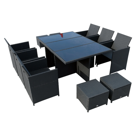 Rootz Garden Set - 6 Garden Chairs 1 Garden Table - 4 Stools - 27-Piece - Black - Cushions - Tempered Glass - Aluminum - Water-repellent - White - Cream