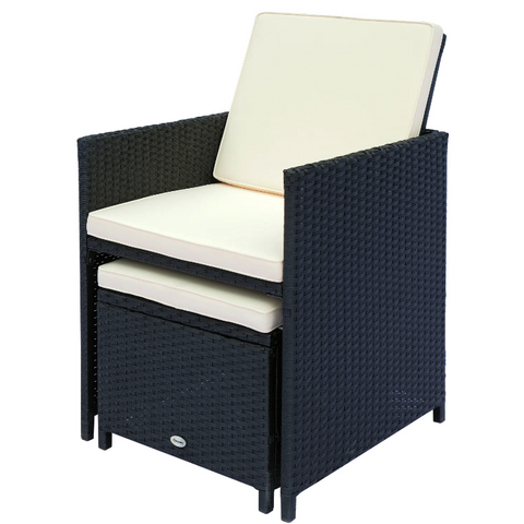 Rootz Garden Set - 6 Garden Chairs 1 Garden Table - 4 Stools - 27-Piece - Black - Cushions - Tempered Glass - Aluminum - Water-repellent - White - Cream