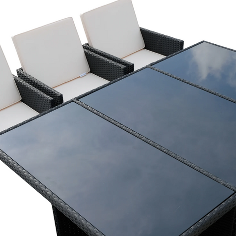 Rootz Garden Set - 6 Garden Chairs 1 Garden Table - 4 Stools - 27-Piece - Black - Cushions - Tempered Glass - Aluminum - Water-repellent - White - Cream