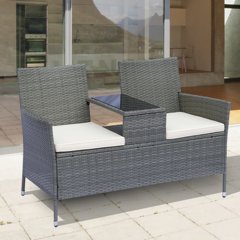 Rootz Garden Bench - Garden Chairs - 2-Seater Bench - Table - Polyrattan - Braided - Wickerwork - Steel - Gray - 133 x 63 x 84 cm