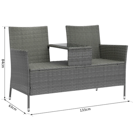 Rootz Garden Bench - Garden Chairs - 2-Seater Bench - Table - Polyrattan - Braided - Wickerwork - Steel - Gray - 133 x 63 x 84 cm