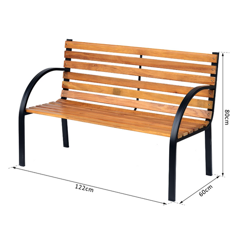 Rootz Garden Bench - Bench - Wooden Bench - 2-Seater - Park Bench - Steel - Black - Brown - Natural - 122 x 60 x 80 cm