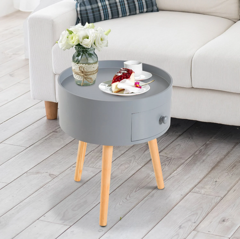 Rootz Side Table - Coffee Table - Drawer - Storage Space - Round Table - Scandinavian - Wood - Gray - 38 x 38 x 45 cm