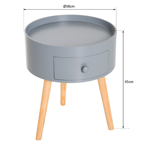 Rootz Side Table - Coffee Table - Drawer - Storage Space - Round Table - Scandinavian - Wood - Gray - 38 x 38 x 45 cm