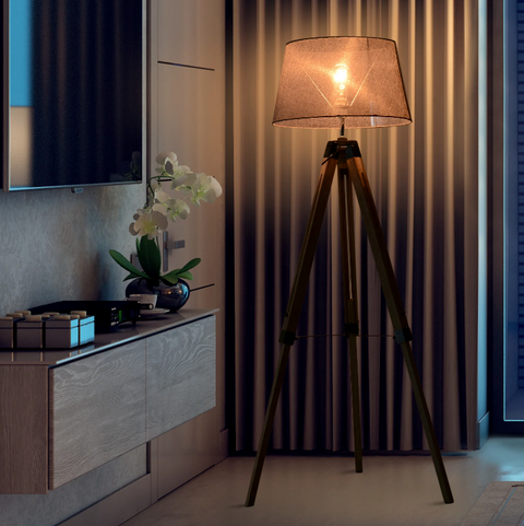 Rootz Floor lamp - Mood lighting - Tripod - Height Adjustable - 40W - Wood - Linen - Gray - 65 x 65 x 99-143 cm