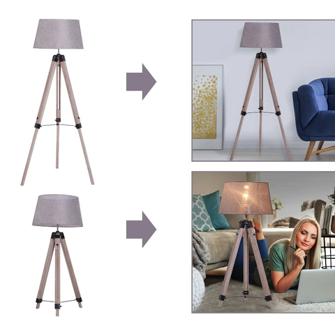 Rootz Floor lamp - Mood lighting - Tripod - Height Adjustable - 40W - Wood - Linen - Gray - 65 x 65 x 99-143 cm