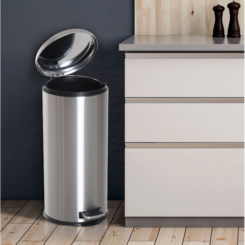 Rootz Pedal Bin - 30 Liter - Trash Can - Garbage Can - Inner Bucket - Hinged Lid - Stainless Steel - Silver - 29.2 x 29.2 x 62.9 cm