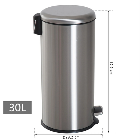 Rootz Pedal Bin - 30 Liter - Trash Can - Garbage Can - Inner Bucket - Hinged Lid - Stainless Steel - Silver - 29.2 x 29.2 x 62.9 cm