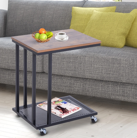Rootz Side Table - On Wheels - C-Shape - Storage Shelf - Steel - MDF - Black-Brown - 51 x 36 x 61 cm