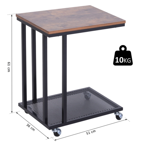 Rootz Side Table - On Wheels - C-Shape - Storage Shelf - Steel - MDF - Black-Brown - 51 x 36 x 61 cm