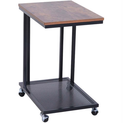 Rootz Side Table - On Wheels - C-Shape - Storage Shelf - Steel - MDF - Black-Brown - 51 x 36 x 61 cm