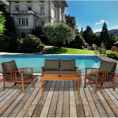 Rootz Lounge Set - Garden Set - 4 Furniture - 1 Sofa - 2 Chairs - 1 Table - 3-4 People - Brown - Cushions - Acacia Wood -