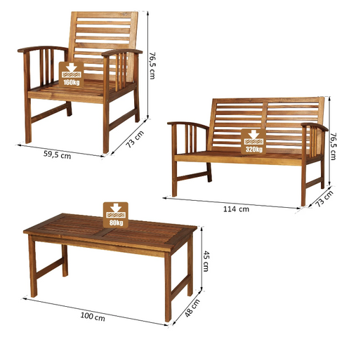 Rootz Lounge Set - Garden Set - 4 Furniture - 1 Sofa - 2 Chairs - 1 Table - 3-4 People - Brown - Cushions - Acacia Wood -