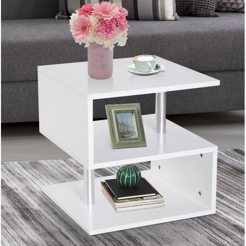 Rootz Side Table - Coffee Table - Coffee Table - 3 Levels - Storage Space - Processed Wood - Aluminum - White/Black - 48 x 48 x 48 cm