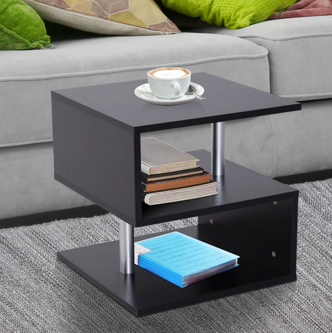 Rootz Side Table - Coffee Table - Coffee Table - 3 Levels - Storage Space - Processed Wood - Aluminum - White/Black - 48 x 48 x 48 cm