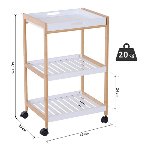 Rootz Kitchen trolley - Serving trolley - Kitchen trolley - Removable top plate - White - Nature - MDF - 46 x 35 x 74.5 cm