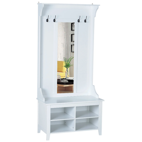 Rootz Wardrobe Set - 4 Hooks - 4 Storage Compartments - 3-in-1 - Mirror - Hall Rack - Shoe Cabinet - White - MDF - 80 x 40 x 170 cm