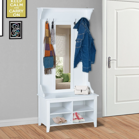 Rootz Wardrobe Set - 4 Hooks - 4 Storage Compartments - 3-in-1 - Mirror - Hall Rack - Shoe Cabinet - White - MDF - 80 x 40 x 170 cm
