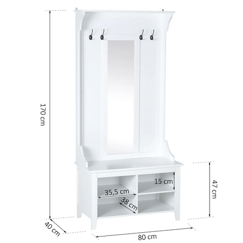 Rootz Wardrobe Set - 4 Hooks - 4 Storage Compartments - 3-in-1 - Mirror - Hall Rack - Shoe Cabinet - White - MDF - 80 x 40 x 170 cm