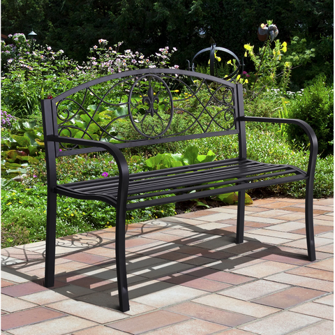 Rootz Gartenbank – 2-Sitzer-Bank – Armlehnen – Landhausstil – Metall – Schwarz – 128 x 50 x 91 cm