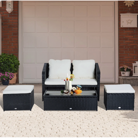 Rootz Garden Set - 4-Piece - Garden Bench - 2 Stools - 1 Coffee Table - Cushions - Polyrattan - Black - White
