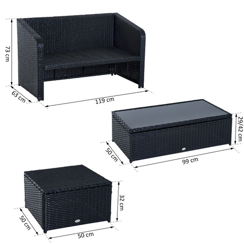 Rootz Garden Set - 4-Piece - Garden Bench - 2 Stools - 1 Coffee Table - Cushions - Polyrattan - Black - White