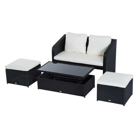 Rootz Garden Set - 4-Piece - Garden Bench - 2 Stools - 1 Coffee Table - Cushions - Polyrattan - Black - White