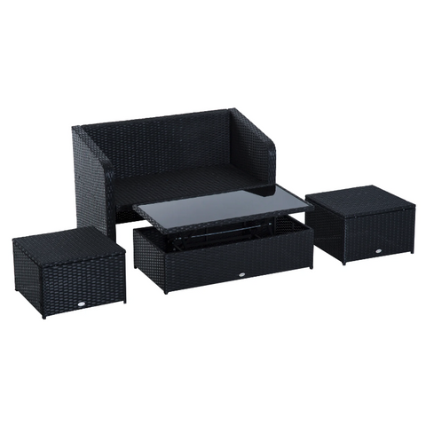 Rootz Garden Set - 4-Piece - Garden Bench - 2 Stools - 1 Coffee Table - Cushions - Polyrattan - Black - White