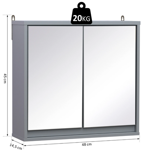 Rootz Bathroom Cabinet - Wall Cabinet - Storage Cabinet -Mirror Cabinet - Mirror - 2 Levels - Adjustable Shelf - Gray - W48 x D14.5 x H45 cm