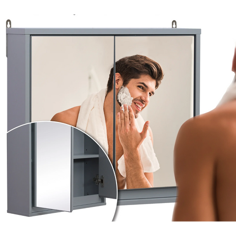 Rootz Bathroom Cabinet - Wall Cabinet - Storage Cabinet -Mirror Cabinet - Mirror - 2 Levels - Adjustable Shelf - Gray - W48 x D14.5 x H45 cm