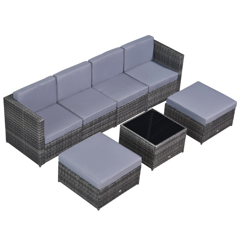 Rootz Garden set - Lounge set - Garden furniture - 7-piece - Seat cushions - Table - Safety glass - Poly rattan - Gray